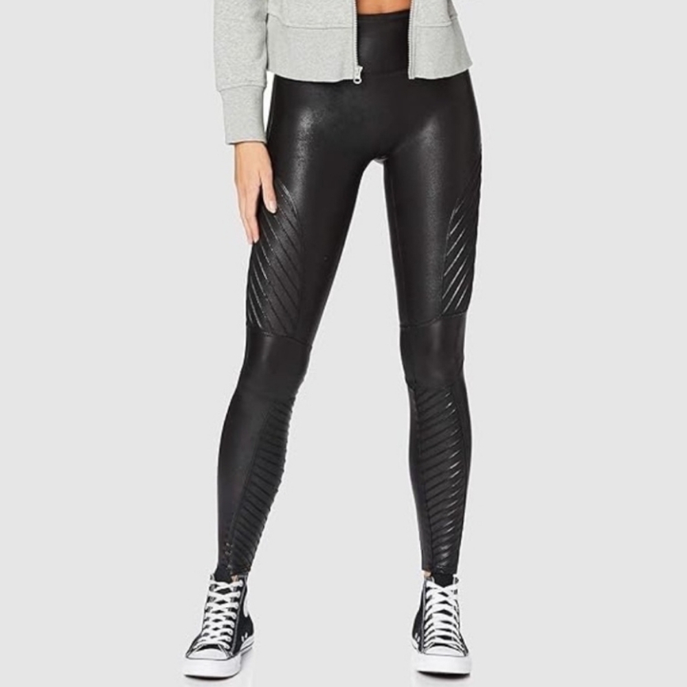 Spanx Black Faux Leather Moto Tights